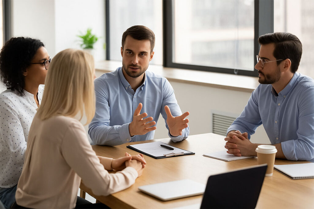 Führungskraft im Dialog mit Teammitgliedern während eines Workshops