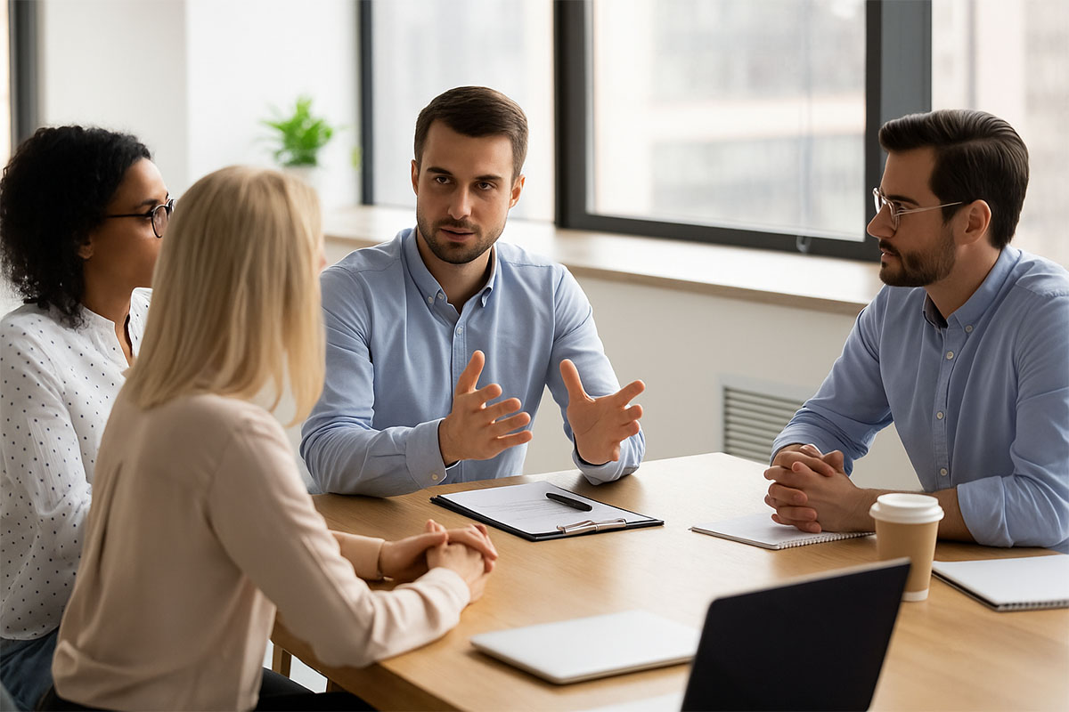 Führungskraft im Dialog mit Teammitgliedern während eines Workshops