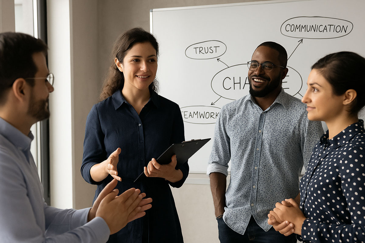 Teammeeting mit engagierten Mitarbeitenden, die Ideen an einem Board  teilen.