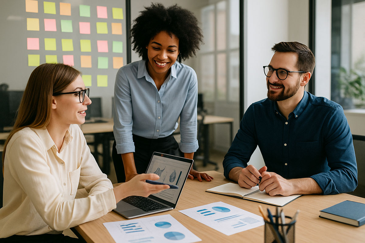 Gruppe von Fachleuten arbeitet in flexiblen Arbeitsstrukturen mit agiler Organisation
