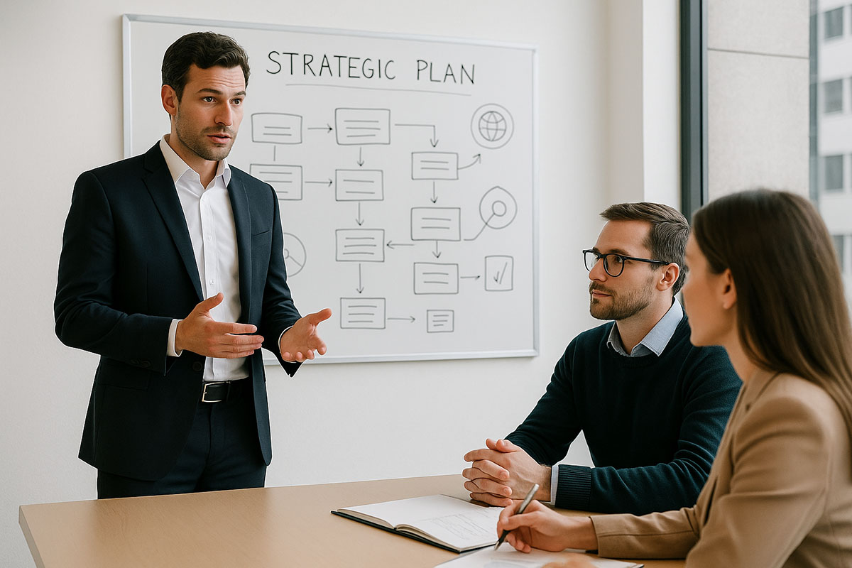 Führungskräfte entwickeln gemeinsam eine Transformationsstrategie in einem modernen Büro.