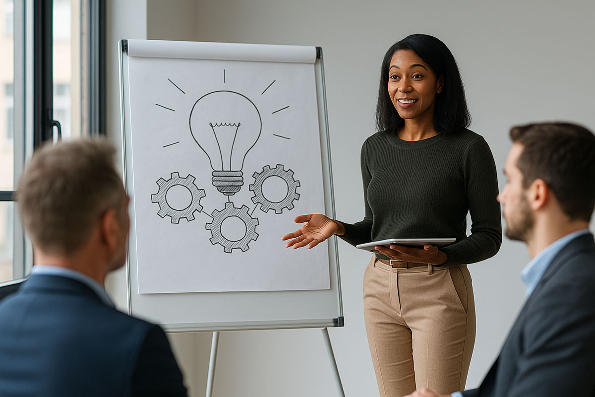 Mitarbeitende nutzen digitale Tools und KI-gestützte Systeme für Innovation.