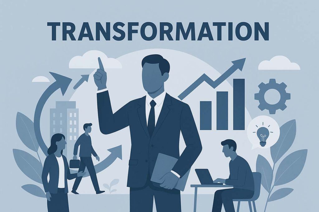 Illustration eines modernen Unternehmens im Wandel: Führungskräfte und Mitarbeitende gestalten gemeinsam den Transformationsprozess. Symbolische Verbindung von Struktur, Strategie und Sinn – im Zentrum Führung als verbindendes Element.