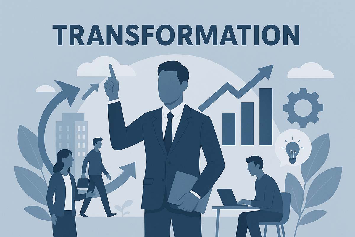 Illustration eines modernen Unternehmens im Wandel: Führungskräfte und Mitarbeitende gestalten gemeinsam den Transformationsprozess. Symbolische Verbindung von Struktur, Strategie und Sinn – im Zentrum Führung als verbindendes Element.