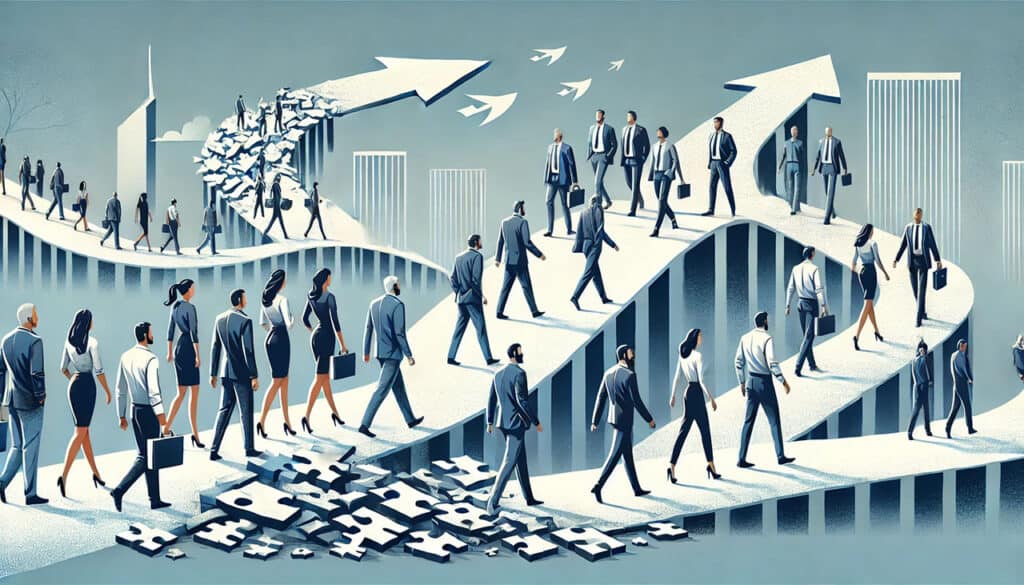 Illustration: Führungskräfte-Teams gehen gemeinsam einen sich wandelnden Weg – Transformation als kollektiver Aufbruch mit klarer Führung