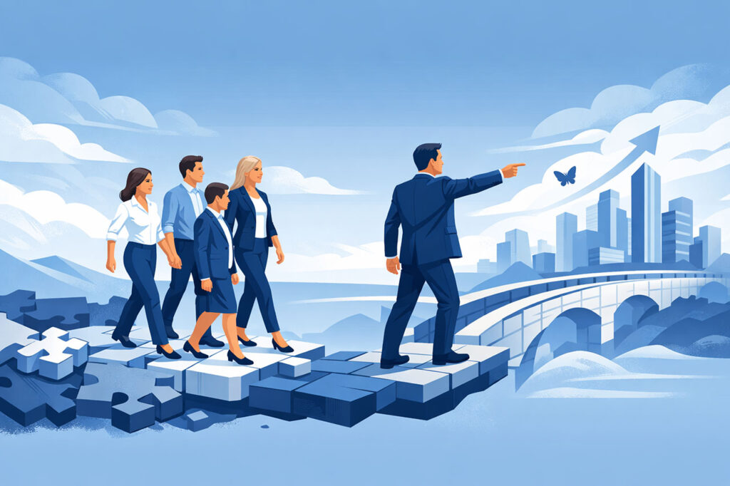 Illustration: Eine Führungskraft zeigt einer vielfältigen Gruppe den Weg in Richtung Zukunft – Symbol für erfolgreiche Transformation im Team